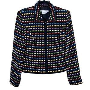 Maggy London 100% Silk Zip Front Jacket Blazer Black Ombré Squares‎ Lined Size 6